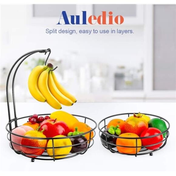 Iron 2-Tier Countertop Fruit Vegetables Basket Bowl Storage With Banana - Picture 5 of 7
